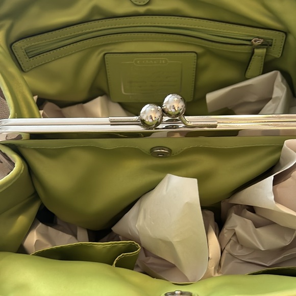 COACH signature beige fabric and lime green stripe bag, EUC - Picture 8 of 16